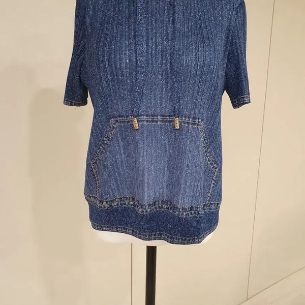 [BUNJANG] Denim Short-Sleeve Hoodie T-Shirt / 청 데님 반팔 후드 티셔츠