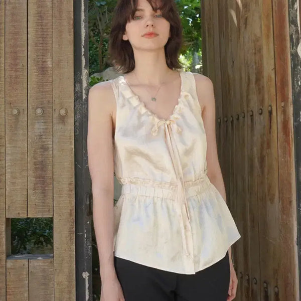 [BUNJANG] Mood Addition Shirring Detail Silk Blouse (Pink Beige, Free Size) / [새제품] Mood addition 무드에디션 블라우스