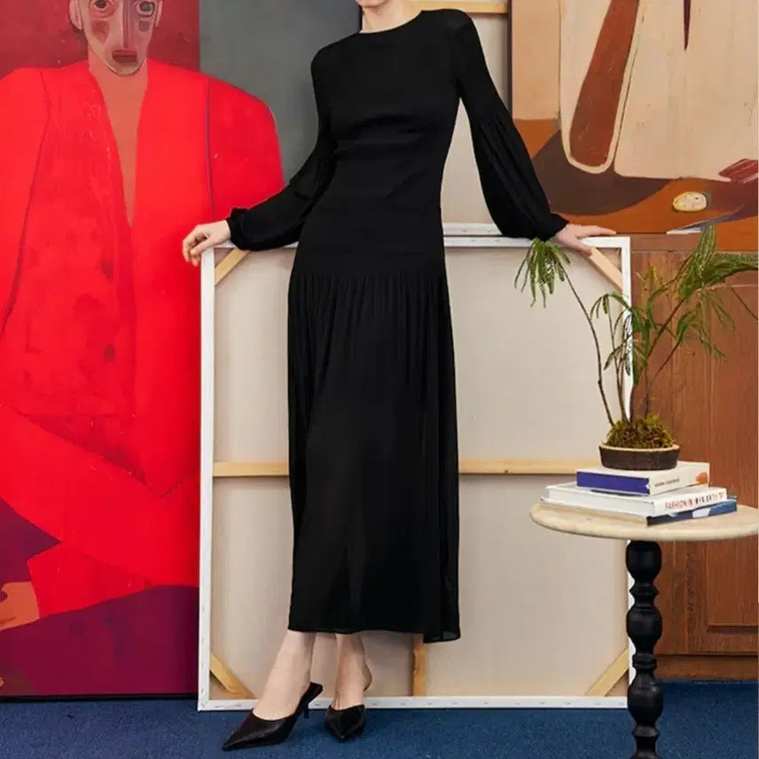 [BUNJANG] yyiam Puff Sleeve Pleated Dress Black L / yyiam 와이와이아이엠 퍼프소매 드레스 원피스 블랙 L사이즈 플리츠