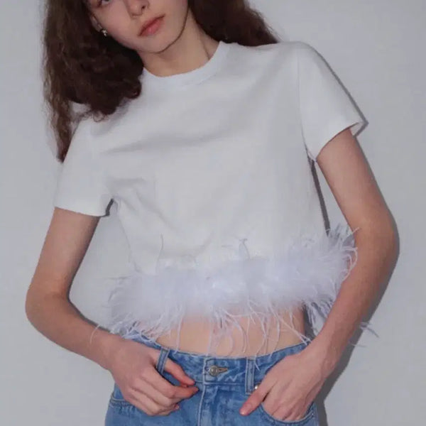 [BUNJANG] Sol Ostrich Hair Short-Sleeve T-Shirt White / 문선 퍼 반팔 티셔츠 화이트 Sol Ostrich Hair