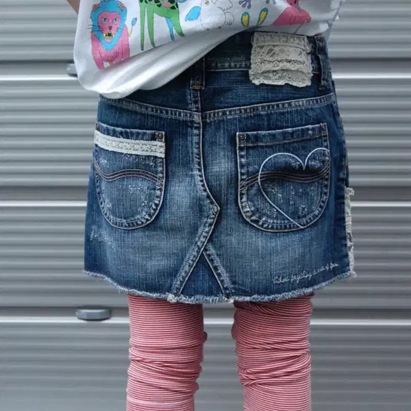 [BUNJANG] Vintage Lace Heart Denim Skirt Y2K Harajuku / 빈티지 레이스 하트 데님스커트 y2k 니혼진 러블리 키치 하라주쿠 하구미