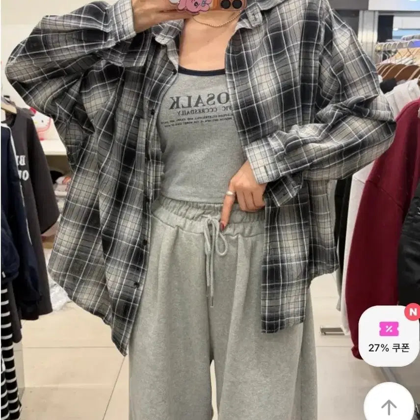 [BUNJANG] Ribbed Tank Top and Checkered Shirt Set / 캡나시세트셔츠