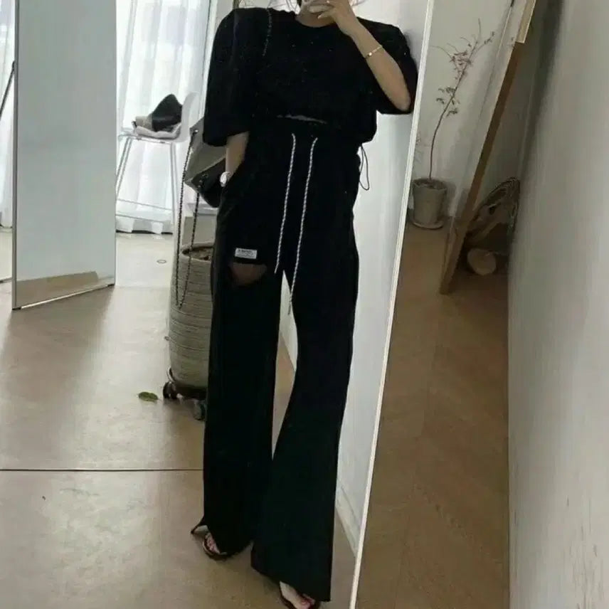 [BUNJANG] Puff Crop Short Sleeve & Slit Pants Set / 새상품)퍼프크롭반팔&트임바지 세트
