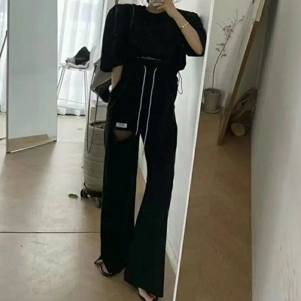 [BUNJANG] Puff Crop Short Sleeve & Slit Pants Set / 새상품)퍼프크롭반팔&트임바지 세트