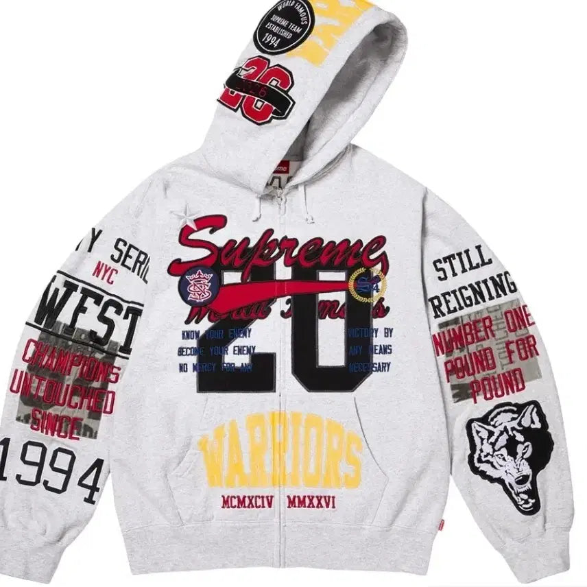 [BUNJANG] Supreme Warriors Applique Zip Up Hooded Sweatshirt Ash Grey XL / 슈프림 워리어스 아플리케 집업 후드 스웨트셔츠 애쉬 그레이
