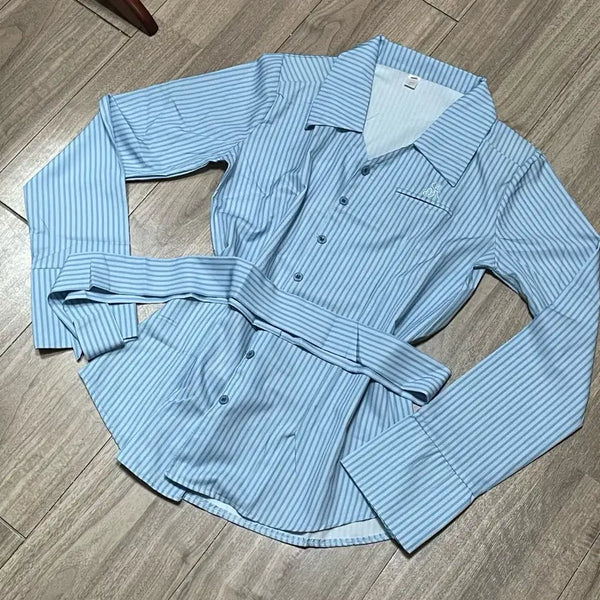 [BUNJANG] Stripe Shirt with Tie / 스트라이프 셔츠 끈포함