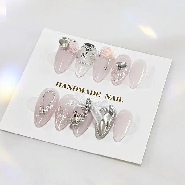 [BUNJANG] Handmade Baby Pink Magnetic Gel Nail Tips with Silver, Rose, and Ribbon Accents / 수제 네일팁
