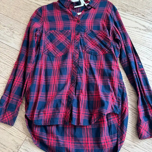 [BUNJANG] Red/Navy Check Plaid Long Sleeve Shirt / 레드/네이비 체크 남방 셔츠