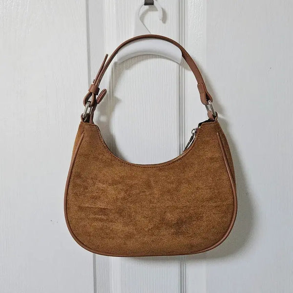 [BUNJANG] Brown Suede Half-Moon Leather Shoulder Bag / 브라운 스웨이드 숄더백 핸드백 반달 가죽 가방 갈색