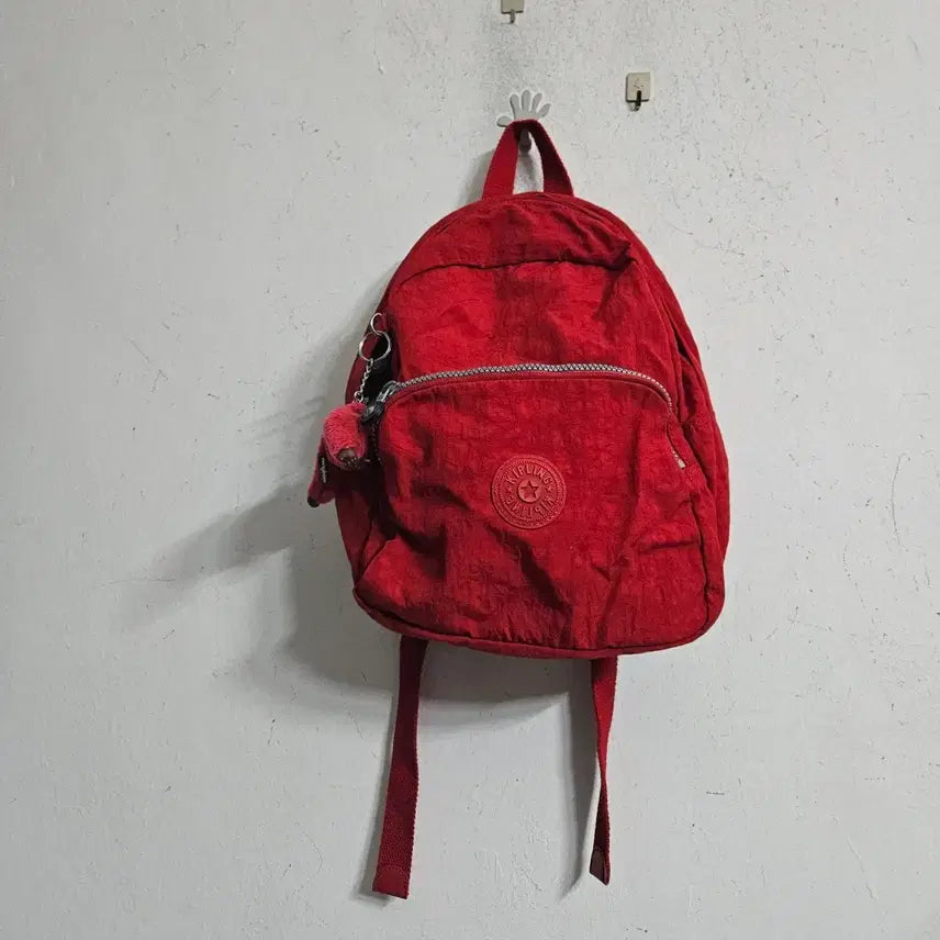 [BUNJANG] Kipling Red Backpack Bag with Doll Charm / 키플링 빨간색 백팩 가방 인형키링