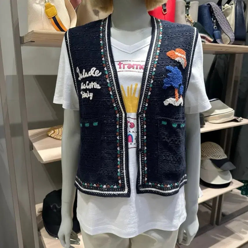 [BUNJANG] United Colors of Benetton Knit Lace Embroidered Vest Summer Sleeveless Top / 택O새상품 정가19만 베네통 니트 레이스 자수 베스트 여름 조끼