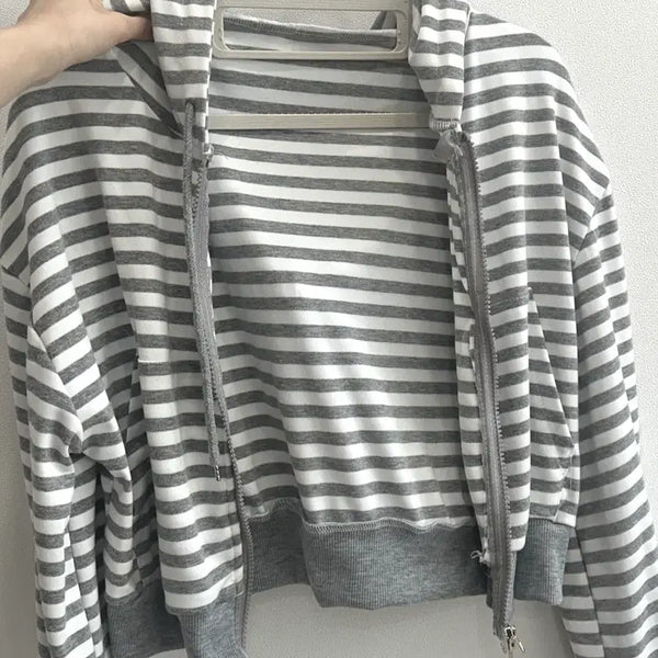 [BUNJANG] Striped Cropped Hoodie Zip-Up (Gray) / 여성의류 보세옷 단가라 회색 크롭 후드집업