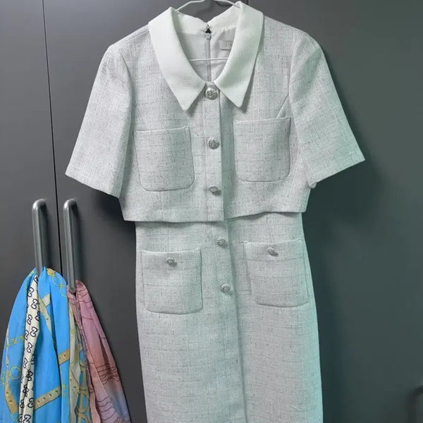 [BUNJANG] Tweed Midi Dress White Collar Silver Button / 트위드 원피스
