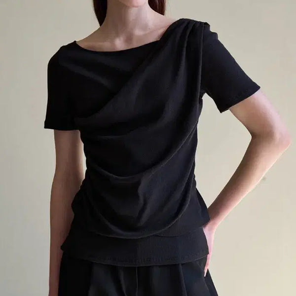 [BUNJANG] Boa Bit For Woman Diagonal Shirring Half Sleeve T-Shirt Black VW143 / 브아빗포우먼 다이애그널 셔링 하프 반팔티 블랙VW143