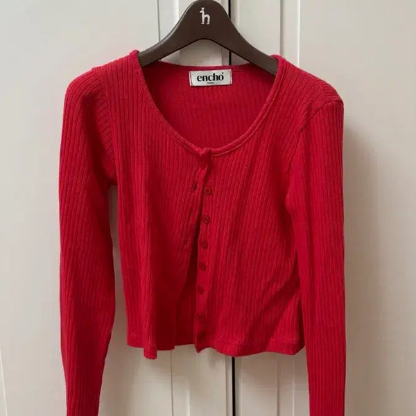 [BUNJANG] Yours Ribbed U-Neck Button Cardigan Red Slim Fit Semi Crop / 유어즈 골지 유넥 버튼 가디건 베이직 레드 ( 슬림핏 / 세미 크롭 )