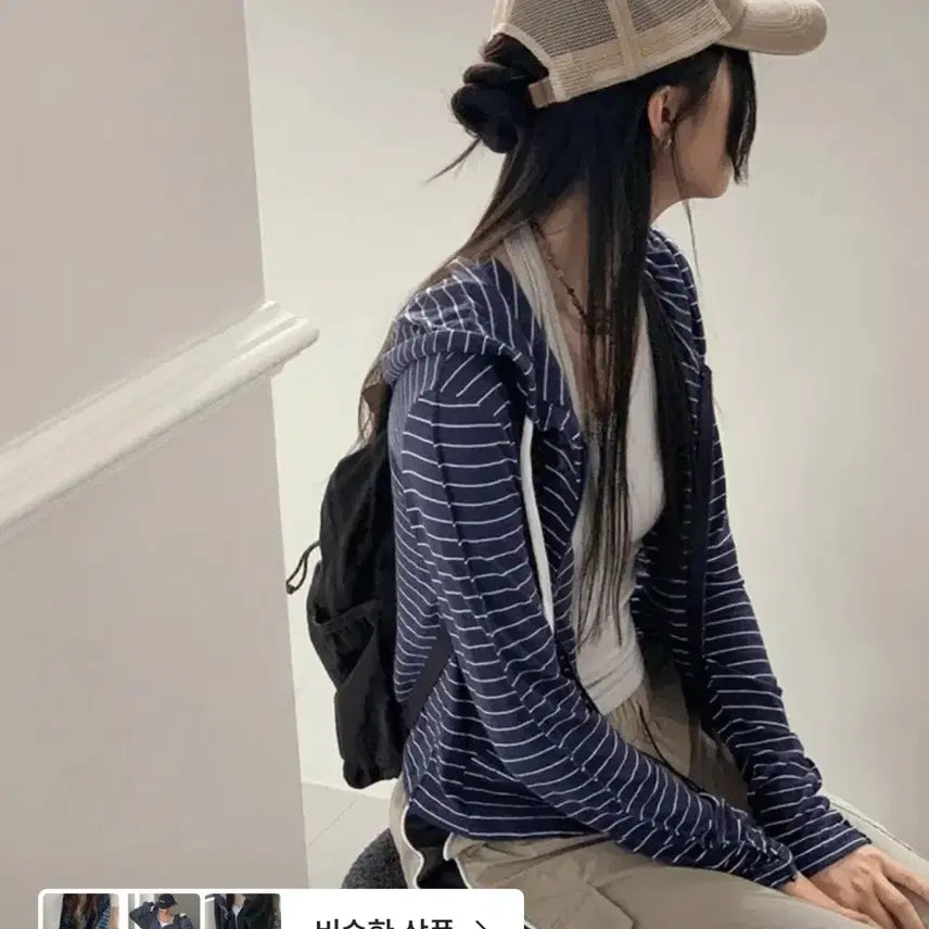 [BUNJANG] Wonder Wonder Summer Landing Linen Stripe Hoodie Zip-Up / 새제품) 원더원더 여름 랜딩 린넨 스트라이프 후드 집업