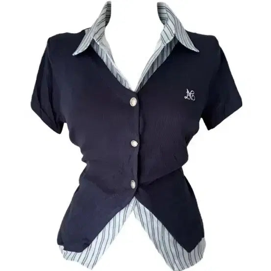 [BUNJANG] Navy Striped Hem & Collar Short Sleeve Shirt / 네이비 반팔 셔츠 레이어드 스타일