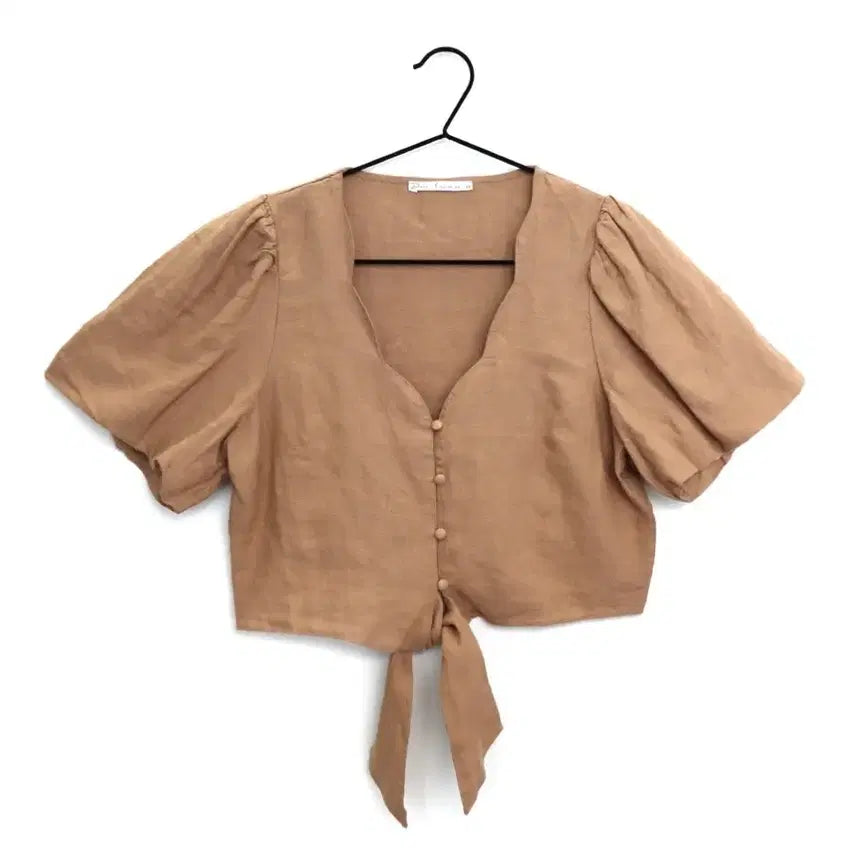 [BUNJANG] Linen Tie Short Sleeve Crop Blouse - Brown / (새상품) 린넨 타이 반팔 크롭 블라우스 브라운