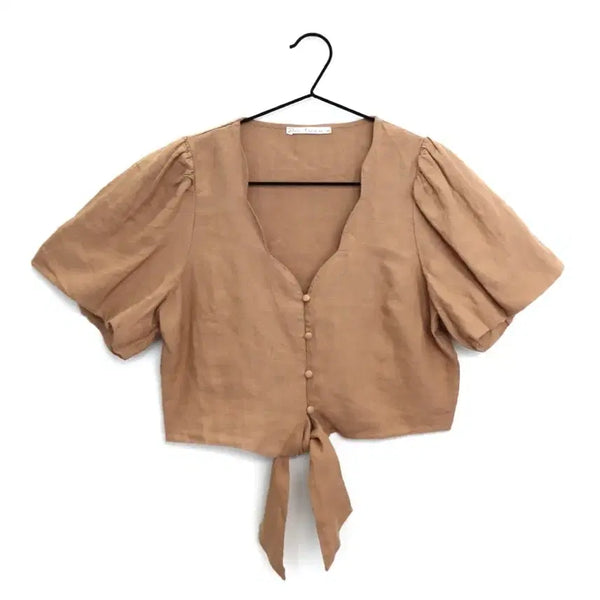 [BUNJANG] Linen Tie Short Sleeve Crop Blouse - Brown / (새상품) 린넨 타이 반팔 크롭 블라우스 브라운
