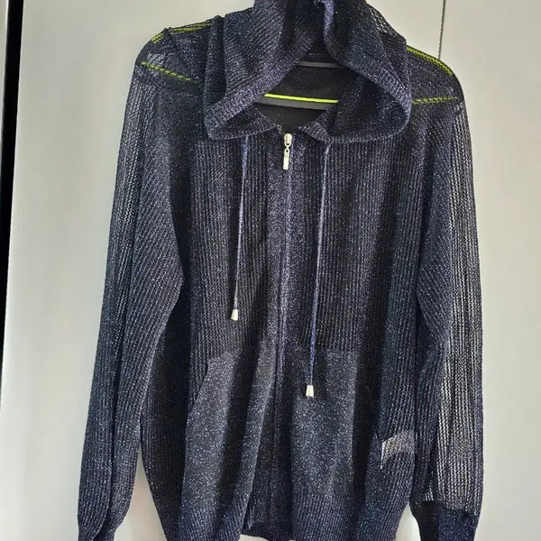 [BUNJANG] Navy Glitter Mesh Hooded Zip-Up Jacket / 네이비 글리터 매쉬 후드 집업