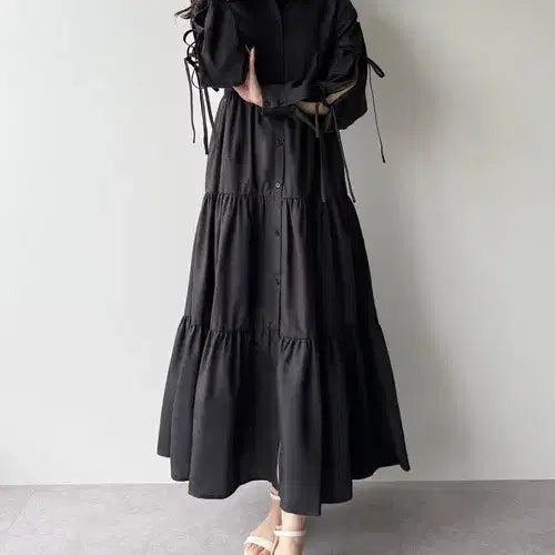 [BUNJANG] Mipiarl Ribbon Tiered Shirt Dress Black / mipiarl 소매 리본 티어드 셔츠 원피스