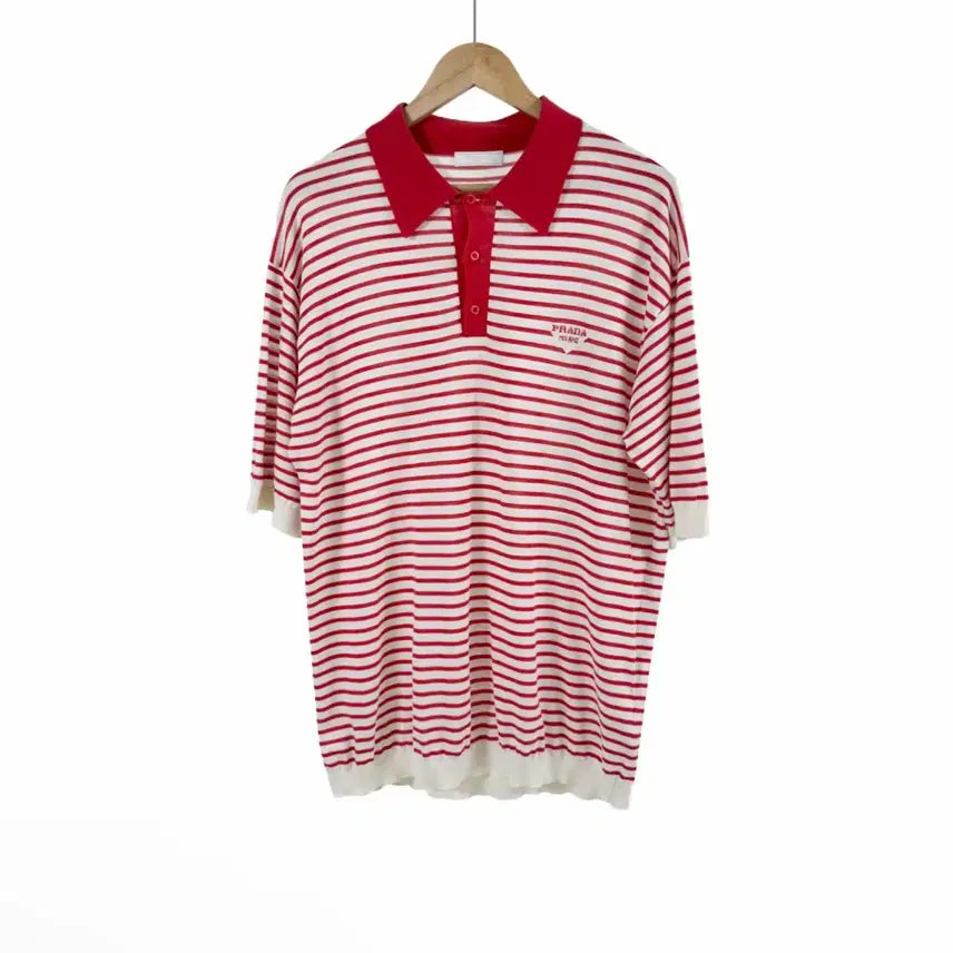 [BUNJANG] Prada Men's Silk Stripe Knit Collar Short Sleeve T-Shirt Red Size 52 / [52] 프라다 남성 실크 스트라이프 니트 카라 반팔 티셔츠 레드