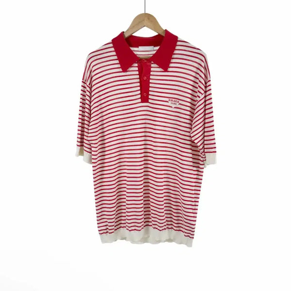 [BUNJANG] Prada Men's Silk Stripe Knit Collar Short Sleeve T-Shirt Red Size 52 / [52] 프라다 남성 실크 스트라이프 니트 카라 반팔 티셔츠 레드
