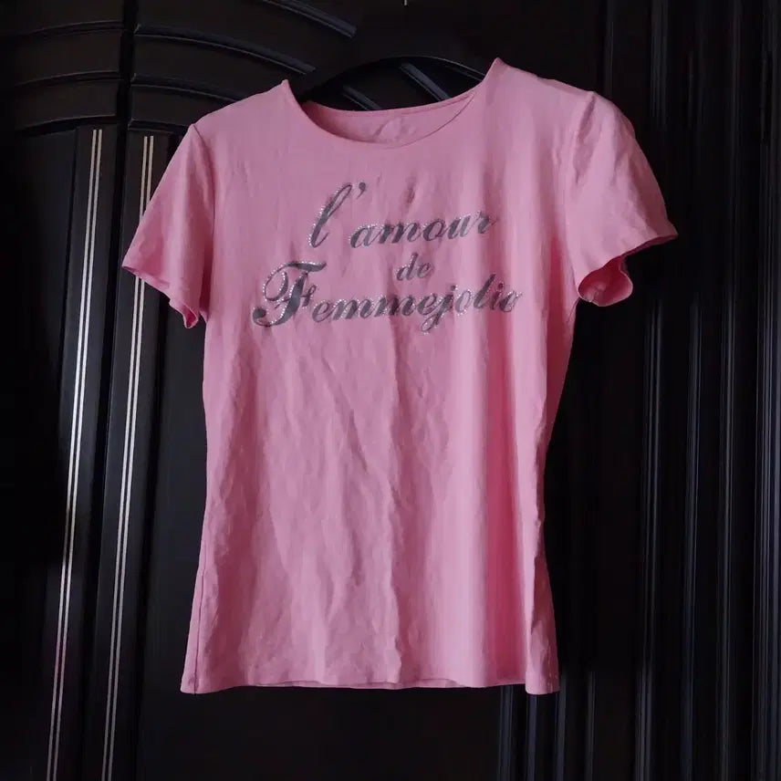 [BUNJANG] L'Amour Pink Printed Beaded T-Shirt / 연핑크 l'amour 프린팅 비즈 티셔츠
