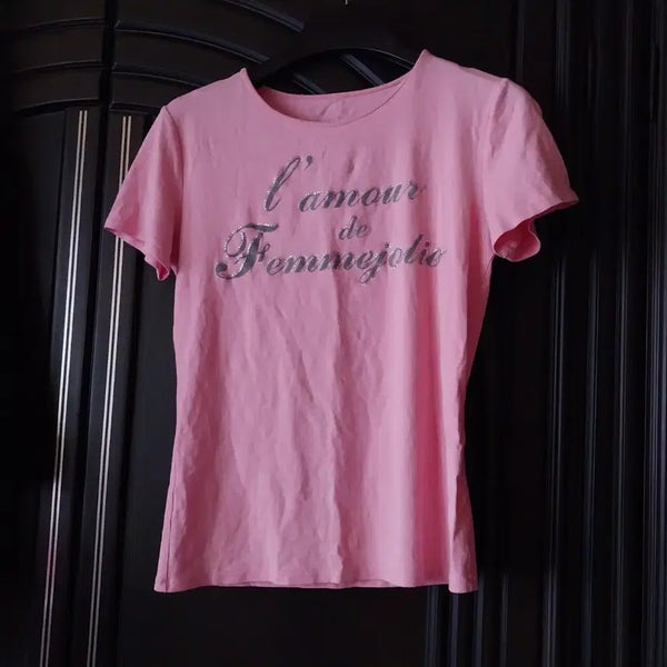 [BUNJANG] L'Amour Pink Printed Beaded T-Shirt / 연핑크 l'amour 프린팅 비즈 티셔츠