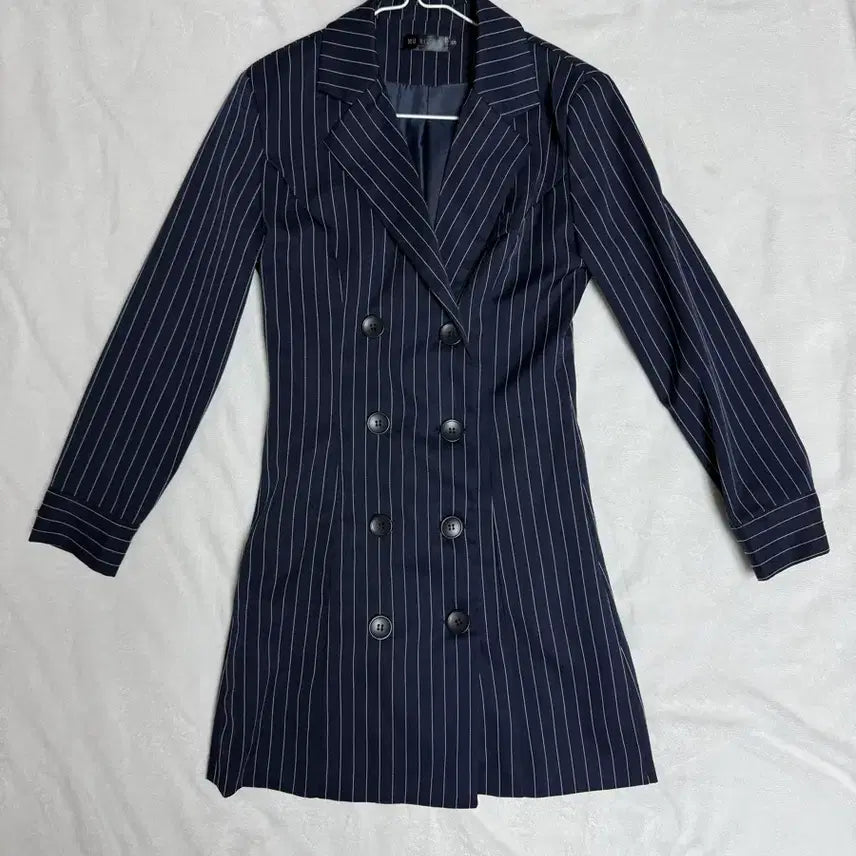 [BUNJANG] Navy Striped Double-Button Dress / 남색 스트라이프 원피스