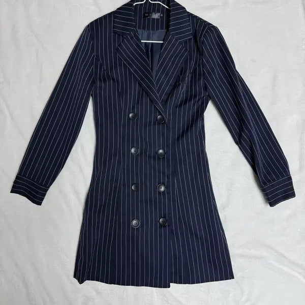 [BUNJANG] Navy Striped Double-Button Dress / 남색 스트라이프 원피스