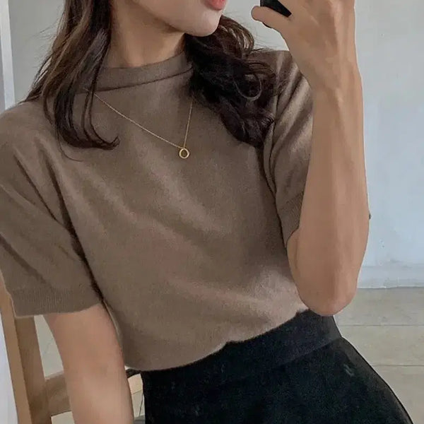 [BUNJANG] Half Sleeve Knit Top - Mocha / (새상품)울40% 캐시미어5% 반목 반팔 니트 모카
