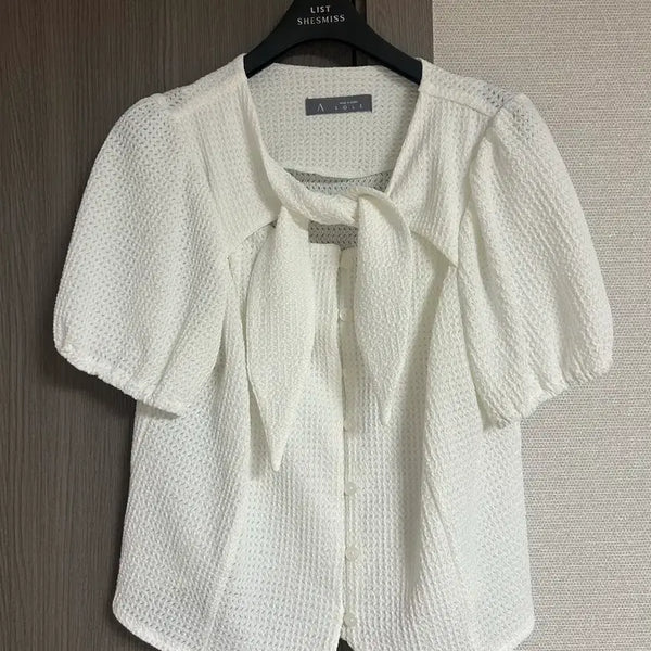 [BUNJANG] High-Quality White Ribbon Short Sleeve Blouse / 화이트 고퀄 리본 반팔 블라우스