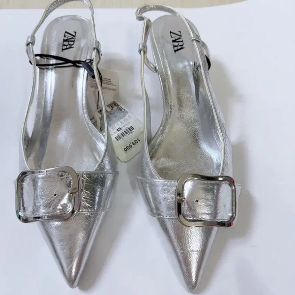 [BUNJANG] ZARA Silver Buckle Slingback Heels / 자라 실버 버클 힐 슬링백