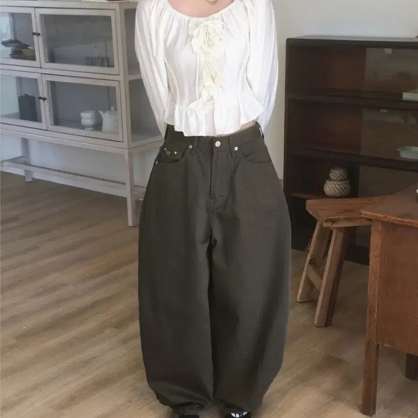 [BUNJANG] Wonder Wonder Stud Back Pocket Striped Cotton Wide Pants / 원더원더 핏츠 스터드 백포켓 줄지 코튼 와이드 팬츠