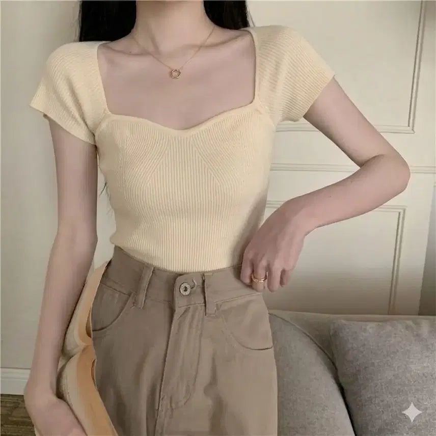 [BUNJANG] Beige Square Neck Short Sleeve Knit / 베이지 스퀘어넥 반팔 니트