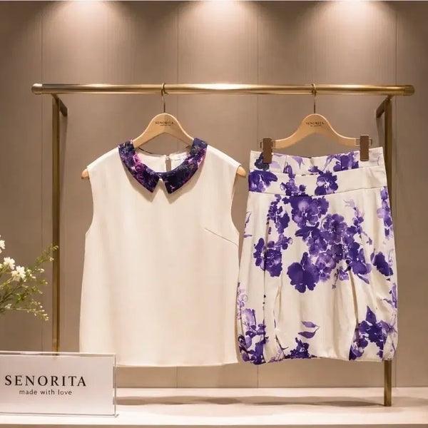 [BUNJANG] Señorita Purple Flower Silk Skirt Two-Piece Set / 새상품 /세뇨리타 보라 플라워 실크 스커트 투피스