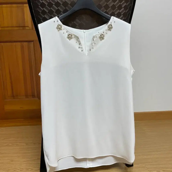 [BUNJANG] Cubic Bead Sleeveless Blouse - Set of 2 / 큐빅 비즈 장식 민소매 블라우스 두개 일괄