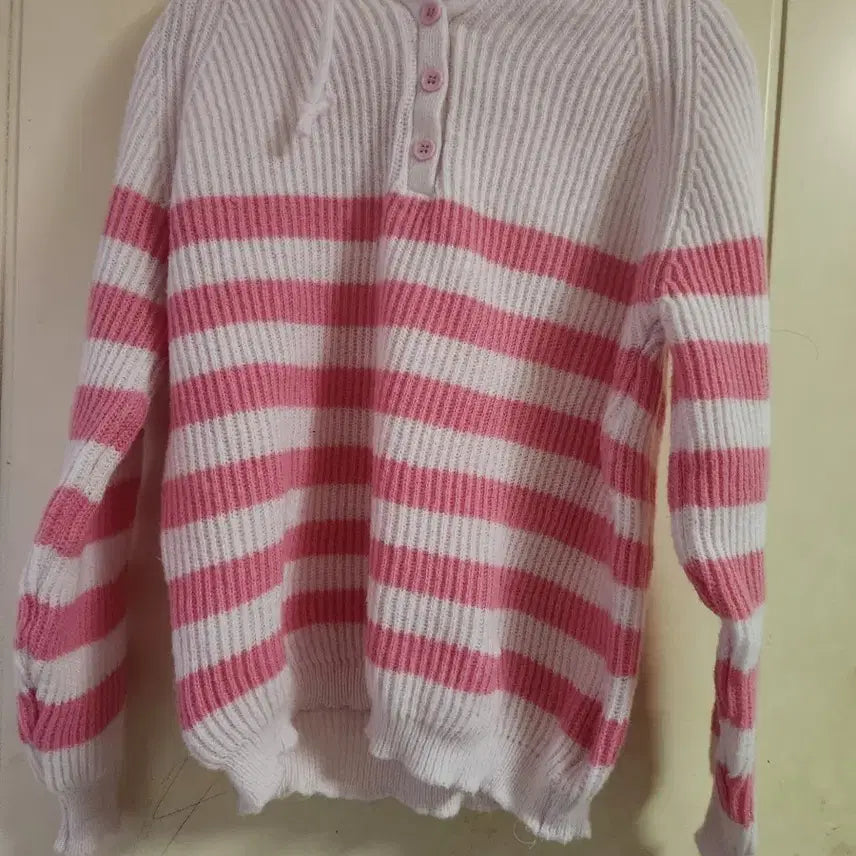 [BUNJANG] Women's Pink Stripe Knit Hoodie / 핑크 스트라이프 니트 후드티