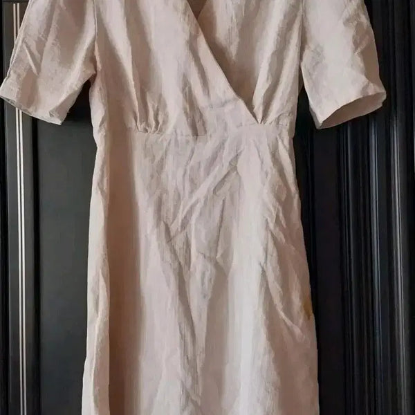 [BUNJANG] Beige Wrap Style Linen Blend Short Sleeve Dress / 베이지 랩 스타일  마원피스