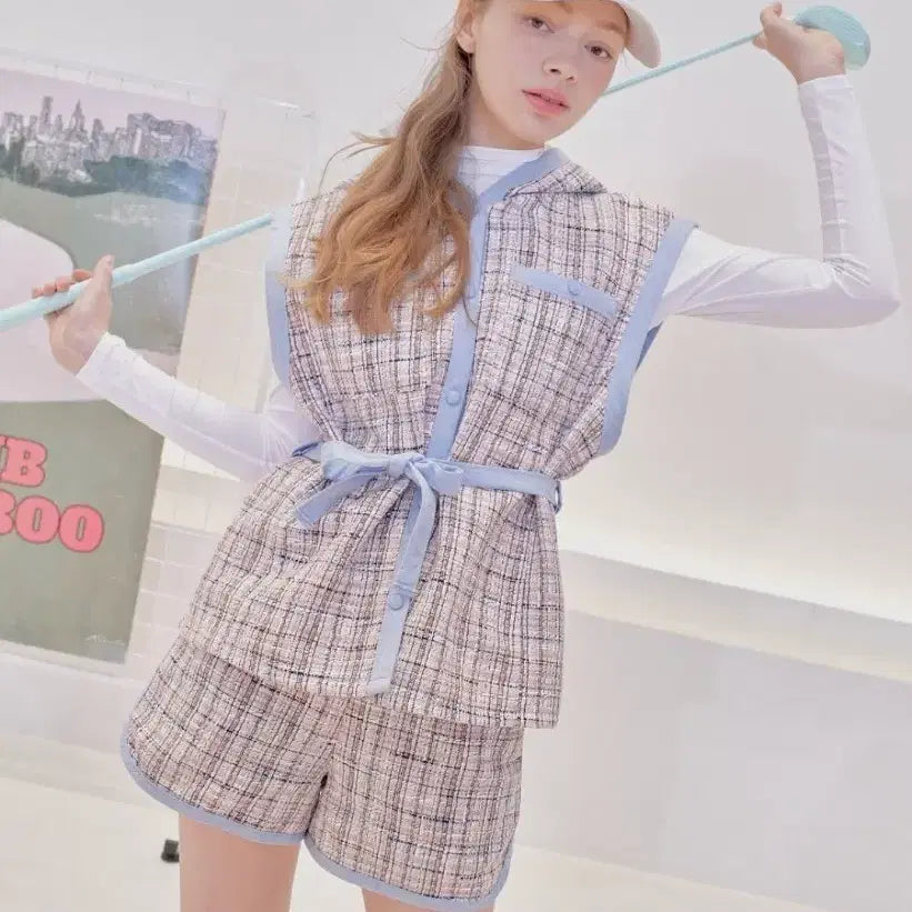 [BUNJANG] Tweed Hooded Vest and Shorts Set / 트위드 골프 베스트 반바지 세트