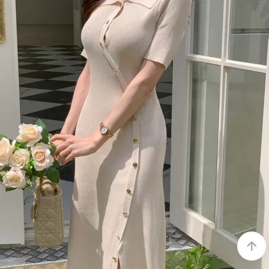 [BUNJANG] Knit Collar Wrap Long Dress - Ivory / 니트 카라 랩 롱 원피스 아이보리
