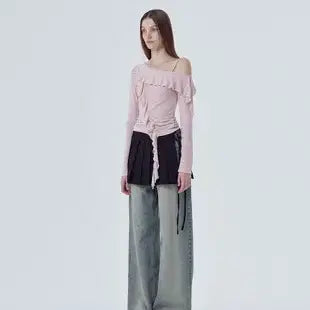 [BUNJANG] ETMONT Frill One-Shoulder T-Shirt Pink Asymmetric Off-Shoulder See-through Tencel Point Blouse Wrap / 에트몽 프릴 원숄더 티셔츠 핑크 언발란스오프레이스시스루텐셀포인트블라우스랩