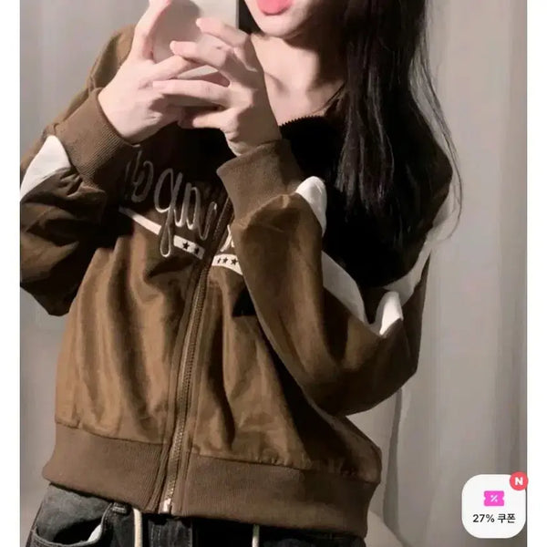 [BUNJANG] Able Rigi Zigzag Brown Velvet Cropped Semi Zip-Up Jumper Hoodie / 브라운 벨벳져지 크롭세미집업점퍼 긴팔후드 에이블리지그재그 옷여성의류교신