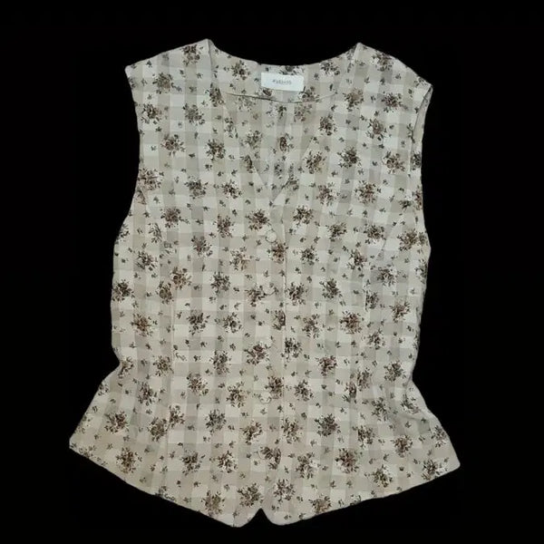 [BUNJANG] Romantic Floral Check Vest with Back Ribbon / 앤틱 로맨틱 뒷리본 플로럴 체크 베스트