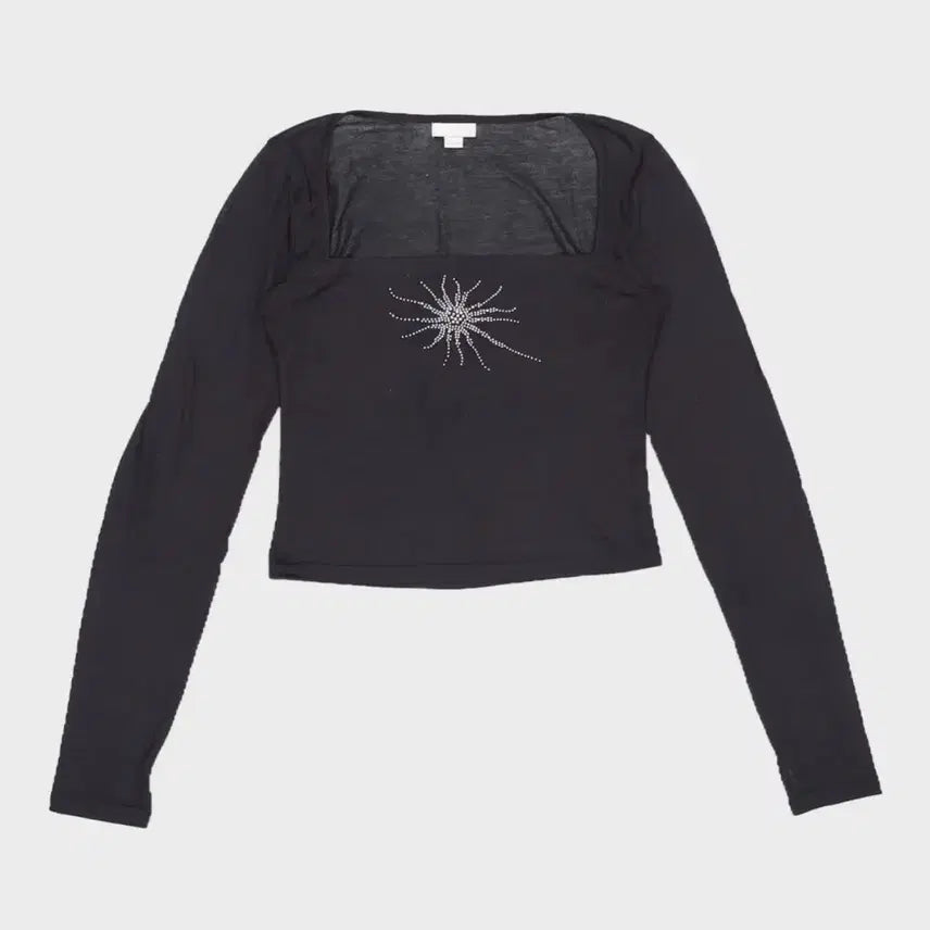 [BUNJANG] Bonnea Hotfix Rhinestone Fingerhole Long Sleeve Square Neck Top / bonnae본네 우먼 핫픽스 핑거홀 롱슬리브 블랙 스퀘어넥탑스톤긴팔티셔츠