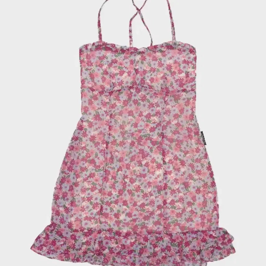 [BUNJANG] Ugly Shadow Flower Frill Corset Mini Dress Pattern Strap Tank Top / 어글리쉐도우 플라워 프릴 코르셋 미니 원피스 패턴끈나시탑숏레이스쉬폰플리섀