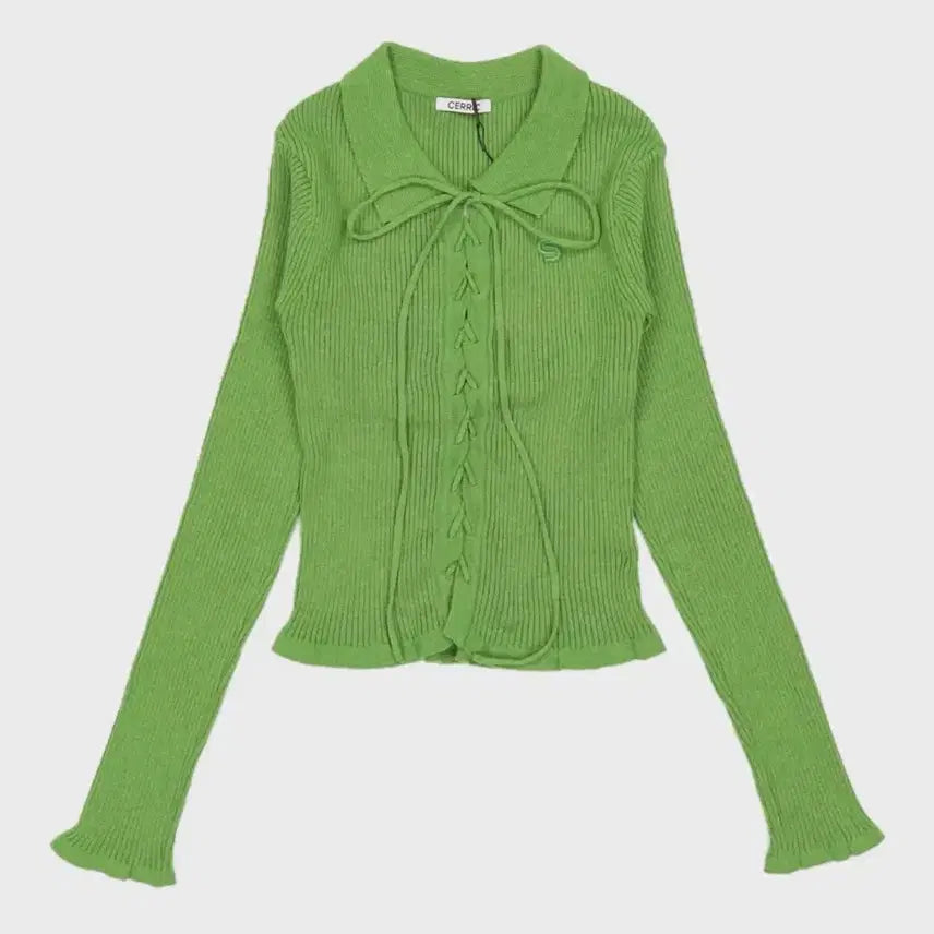 [BUNJANG] CERRIC Corset Shirring Knit Green Ribbon Frill Sweater / 세릭 CERRIC 코르셋 셔링 니트 그린 리본프릴스웨터골지카라티브이넥셔츠