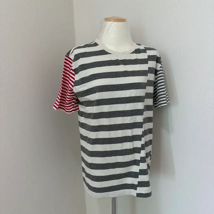 [BUNJANG] Mixxo Stripe Short-Sleeve T-Shirt with Color-Block Accent / 미쏘 스트라이프 반팔 티셔츠 배색 포인트
