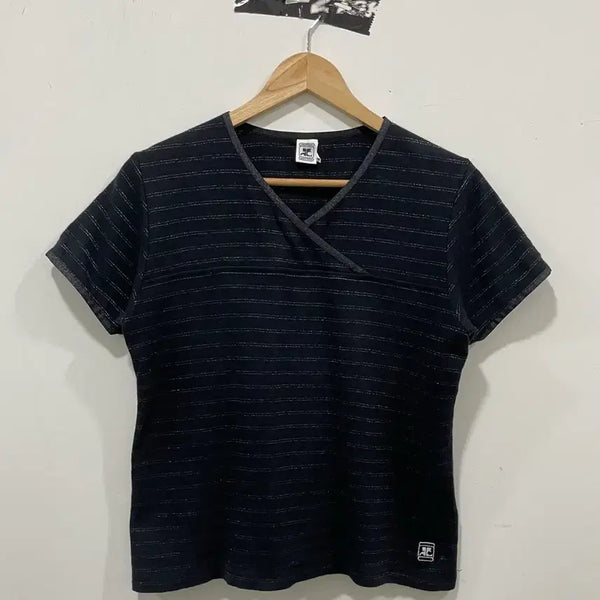 [BUNJANG] Courreges Glitter Stripe Wrap V-Neck Short Sleeve T-Shirt / Courreges 꾸레쥬 글리터 스트라이프 랩 브이넥 반팔 티셔츠